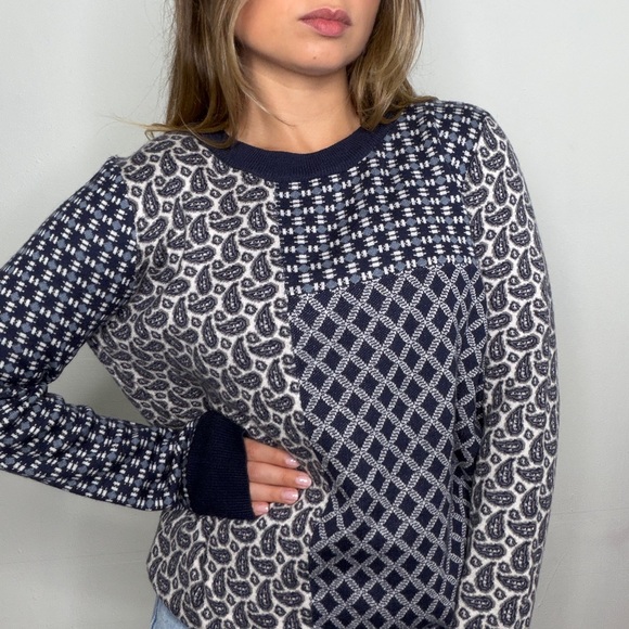 Joie Sweaters - Joie Blue Paisley Floral Print Wool Cashmere Blend Crewneck Sweater